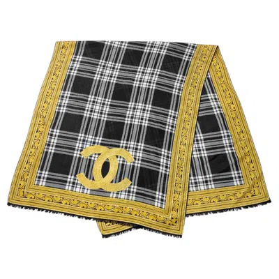 Pre-owned Chanel 1990's  Rectangular Black, White And Gold Silk Scarf