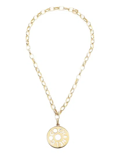Pre-owned Chanel 1990 Cut-out Logo Pendant Necklace In Gold