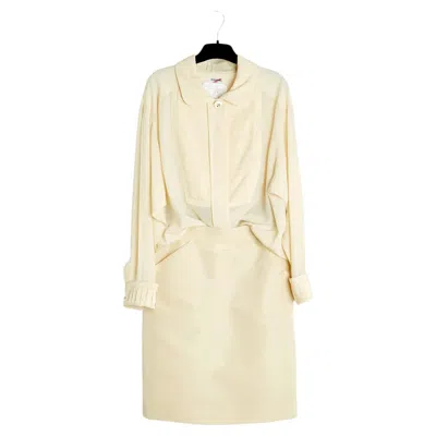 Pre-owned Chanel 1990 Ensemble Top Et Jupe Soie Fr36 Ecru Silk Blouse And Skirt Uk8 Us4 6 In Brown