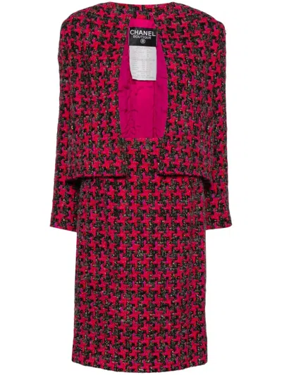 Pre-owned Chanel 1990 Houndstooth Skirt Suit In Pink