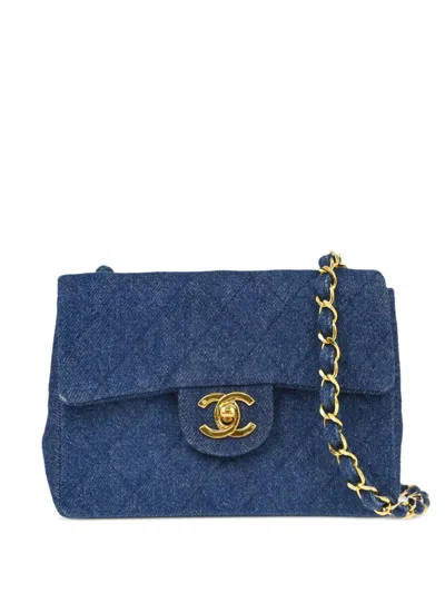 Pre-owned Chanel 1990 Mini Classic Square Flap Shoulder Bag In Blue