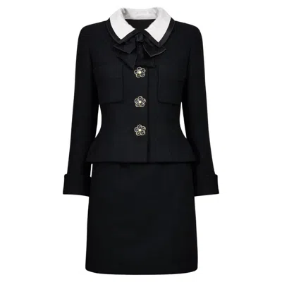 Pre-owned Chanel 1990 Rares Black Tweed Suit With Cc Giant Camellia Button 34 Fr