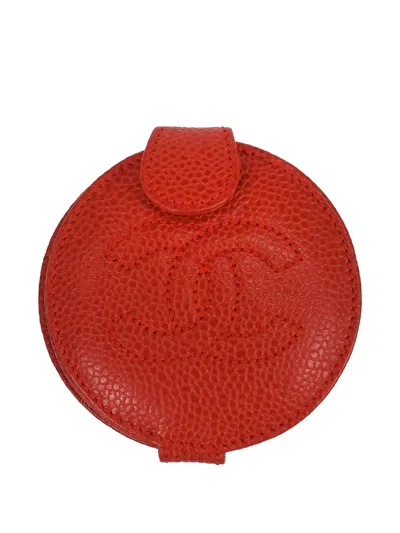 Pre-owned Chanel 1990-2000 Cc-motif Caviar Leather Compact Mirror In Red