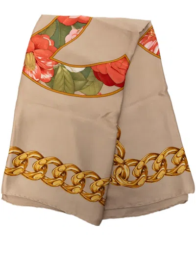 Pre-owned Chanel 1990-2010 Cc Camellia And Chain Silk Scarf 90 Scarves In Brown