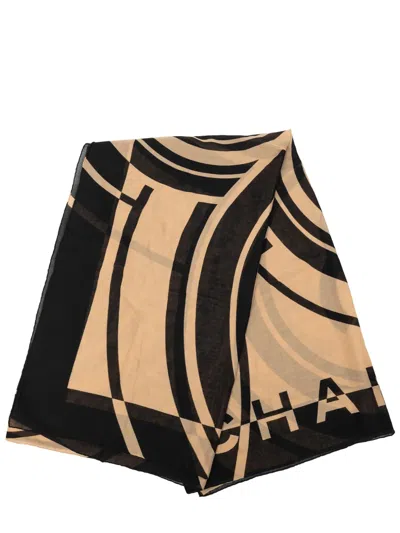 Pre-owned Chanel 1990-2010 Cc Cotton Geometric Print Shawl Scarves In Black