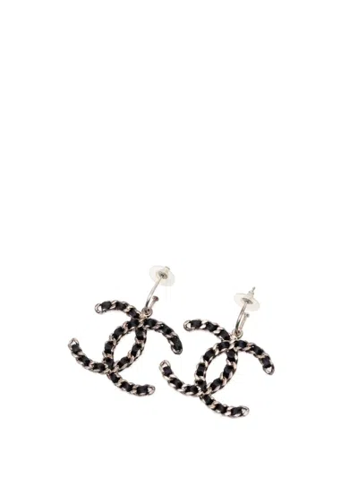 Pre-owned Chanel 1990-2010 Cc Gold Plated Woven Chain Drop Hoop Push Back Earrings Costume Earrings