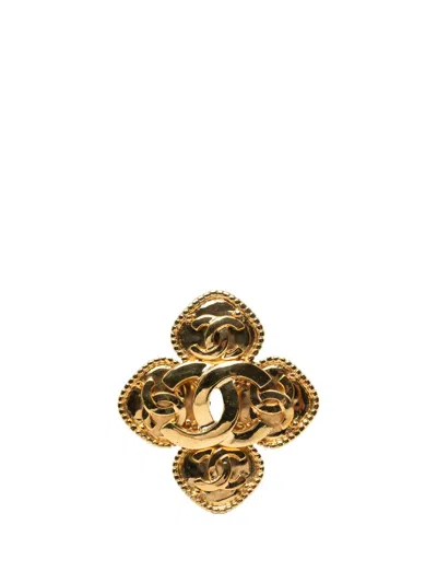 Pre-owned Chanel 1990-2010 Gold Plated Coco Mark Flower Brooch Costume Brooch