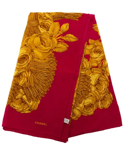 Pre-owned Chanel 1990-2010 Ornate Floral Print Silk Scarf Scarves In Pink