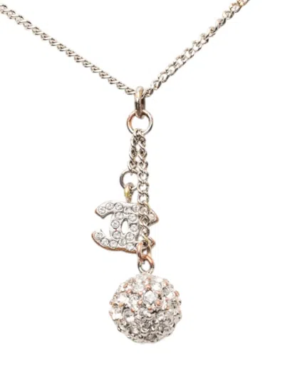 Pre-owned Chanel 1990-2020 Cc Brass Strass Pendant Drop Necklace Costume Necklace In Silver