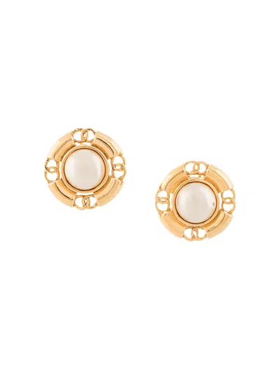 Pre-owned Chanel 1990s Cc-embellished Faux-pearl Clip-on Earrings In Gold