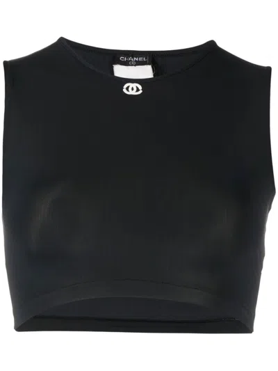 Pre-owned Chanel 1990s Cc Embroidered Crop Top In Black