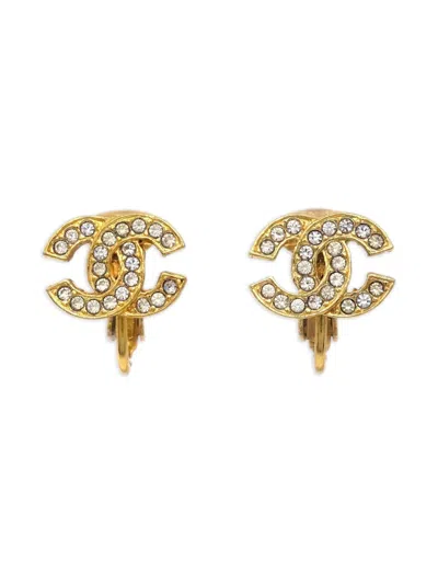 Pre-owned Chanel 1990s Cc Logo Crystal Clip-on Earrings In Gold