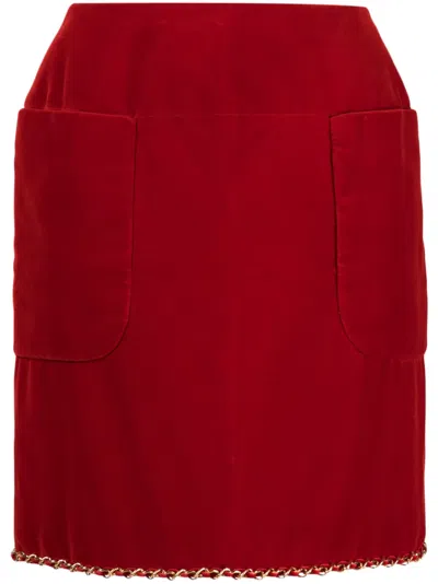 Pre-owned Chanel 1990s Chain-trim Velvet Miniskirt In Red