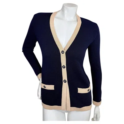 Pre-owned Chanel 1990s  Navy & Ecru Cashmere Cardigan With Cc Logo Buttons In Blue