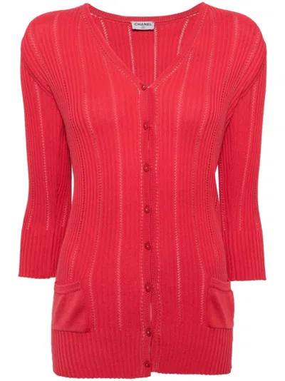 Pre-owned Chanel 1990s  Rhinestone Button Cardigan In Red