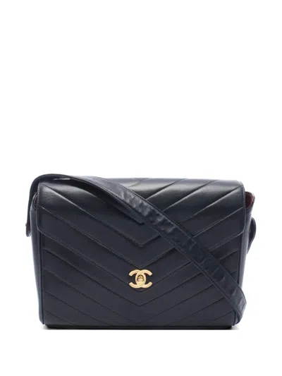 Pre-owned Chanel 1990s Chevron V-stitch Shoulder Bag In Black