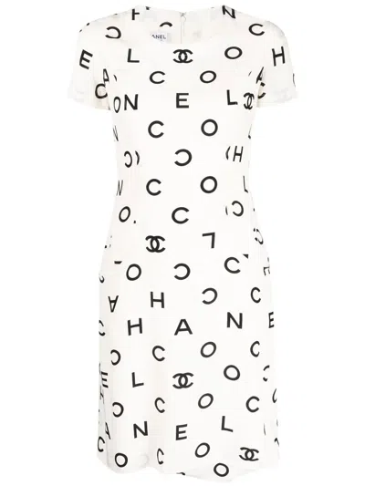 Pre-owned Chanel 1990s Coco Logo Print Silk Dress In White