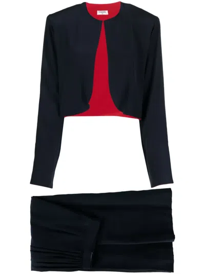 Pre-owned Chanel 1990s Collarless Gathered Two-piece Silk Skirt Suit In Blue