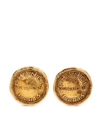 Pre-owned Chanel 1990s Logo-embossed Button Clip-on Earrings In Gold