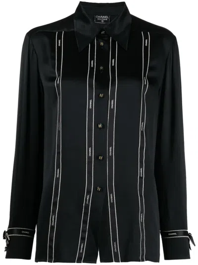 Pre-owned Chanel 1990s Logo-ribbon Silk Shirt In Black