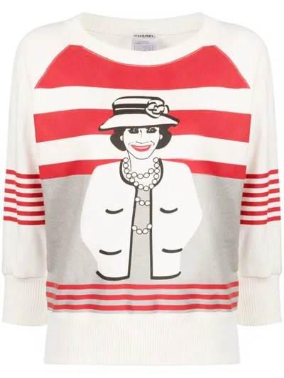 Pre-owned Chanel 1990s Mademoiselle-motif Cotton-blend Jumper In White