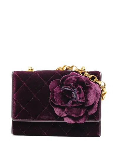 Pre-owned Chanel 1990s Mini Camellia Velvet Shoulder Bag In Purple