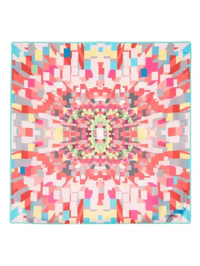 Pre-owned Chanel 1990s Pixel Print Silk Scarf In Pink