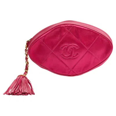 Pre-owned Chanel 1990s Sac Pochette Soie Cuir Rose Cc Pink Satin Leather Tassel Clutch Bag In Red
