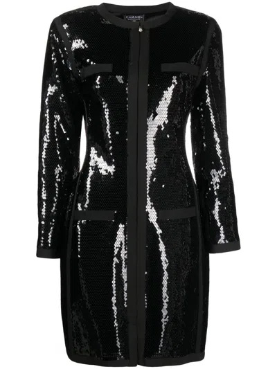 Pre-owned Chanel 1990s Sequin-embellished Coat In Black