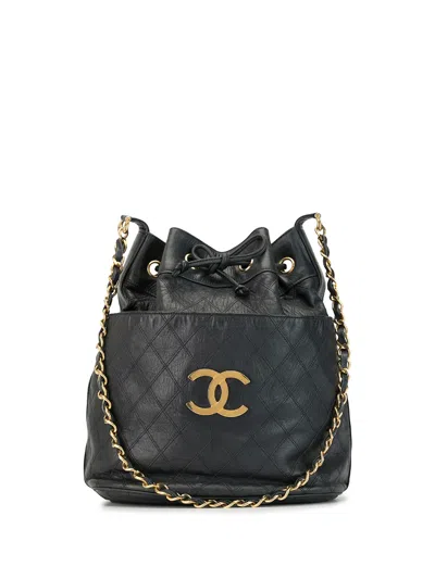Pre-owned Chanel 1990s Stitch Cc Plate Drawstring Shoulder Bag In Blue