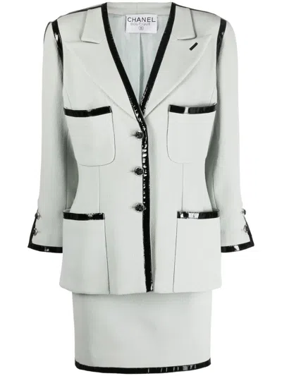 Pre-owned Chanel 1990s Two-tone Single-breasted Skirt Suit In Green