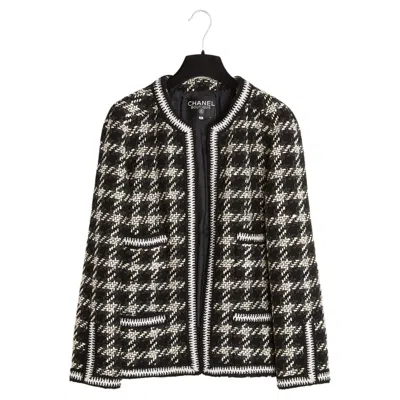 Pre-owned Chanel 1990s Veste Laine Fr40 Black White Houndstooth Iconic Jacket Uk12 Us10