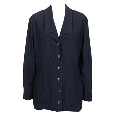 Pre-owned Chanel 1990s Vintage Black Silk Logo Buttons Top / Jacket
