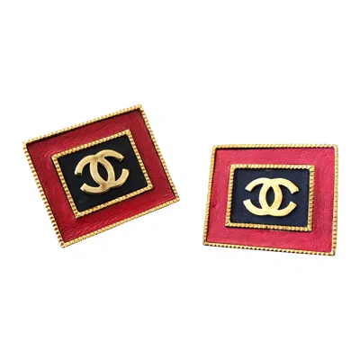 Pre-owned Chanel 1990s Vintage  Jumbo Black Red Leather Gold Toned Square Frame Cc Earrings