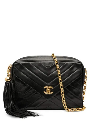Pre-owned Chanel 1991-1994 Cc Chevron Lambskin Tassel Chain Camera Bag Crossbody Bag In Black