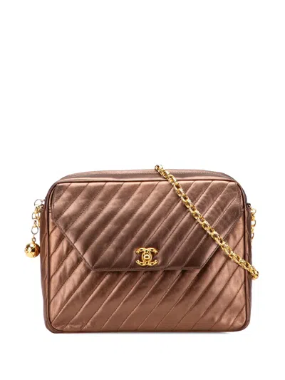 Pre-owned Chanel 1991-1994 Cc Diagonal Quilted Metallic Lambskin Camera Bag Crossbody Bag In Brown