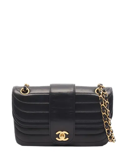 Pre-owned Chanel 1991-1994 Cc Horizontal Quilted Lambskin Flap Bag Crossbody Bag In Black