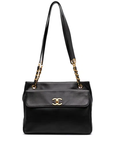 Pre-owned Chanel 1991-1994 Cc Lambskin Front Pocket Tote Bag In Black