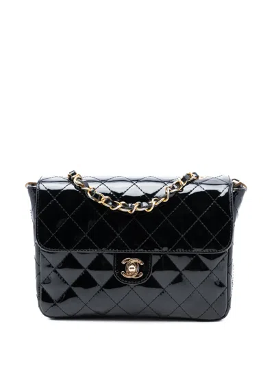 Pre-owned Chanel 1991-1994 Cc Quilted Patent Straight Single Flap Crossbody Bag In Black