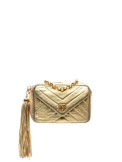 Pre-owned Chanel 1991-1994 Chevron Metallic Lambskin Tassel Chain Camera Bag Crossbody Bag In Gold