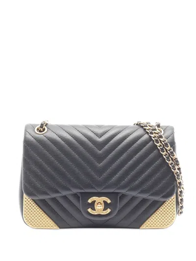 Pre-owned Chanel 1991-1994 Lambskin Chevron Rock The Corner Flap Shoulder Bag In Black