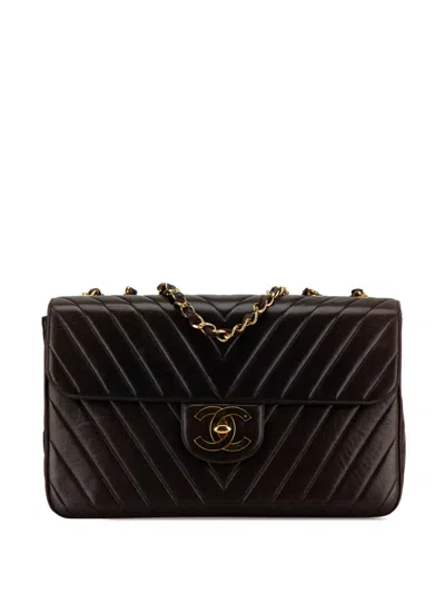 Pre-owned Chanel 1991-1994 Maxi Xl Chevron Lambskin Single Flap Shoulder Bag In Brown