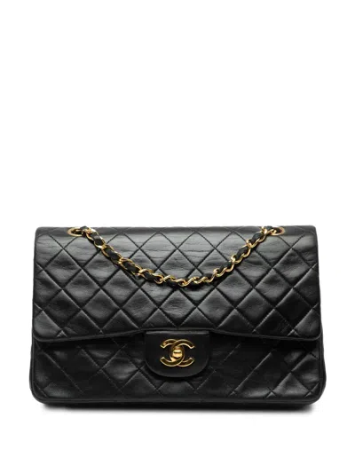Pre-owned Chanel 1991-1994 Medium Classic Lambskin Double Flap Shoulder Bag In Black