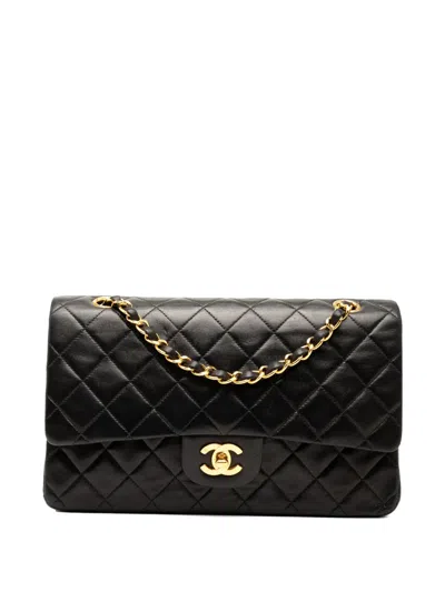 Pre-owned Chanel 1991-1994 Medium Classic Lambskin Double Flap Shoulder Bag In Black
