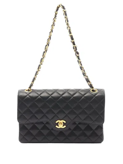 Pre-owned Chanel 1991-1994 Medium Classic Quilted Lambskin Double Flap Shoulder Bag In Black