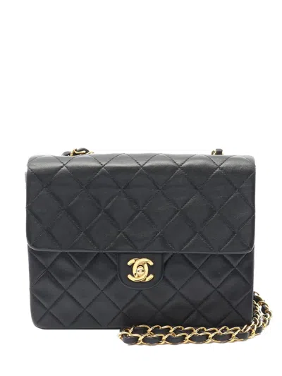 Pre-owned Chanel 1991-1994 Mini Quilted Lambskin Square Single Flap Shoulder Bag In Black