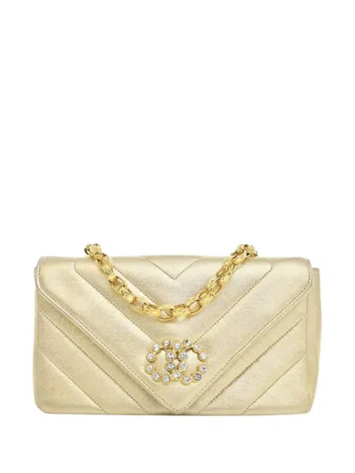 Pre-owned Chanel 1991-1994 Small Chevron Metallic Lambskin V Stitch Bijoux Flap Crossbody Bag In Gold