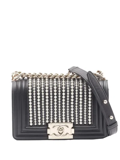Pre-owned Chanel 1991-1994 Small Lambskin Pearl Embellished Boy Flap Shoulder Bag In Black