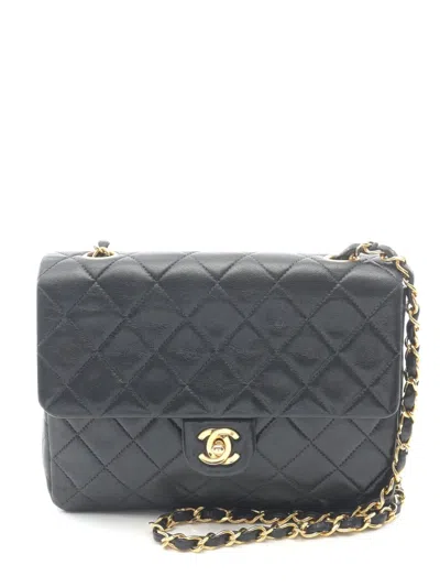Pre-owned Chanel 1991-1994 Small Square Quilted Lambskin Flap Crossbody Bag In Black