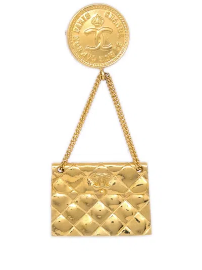 Pre-owned Chanel 1991 Bag Brooch Pin In Gold